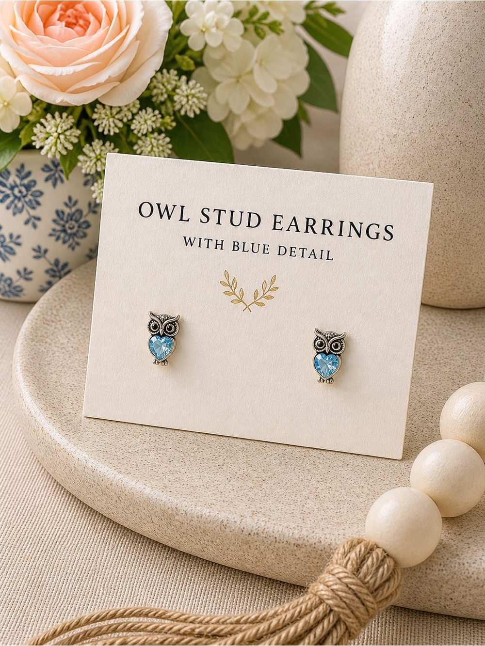 Owl Stud Earrings With Blue Detail
